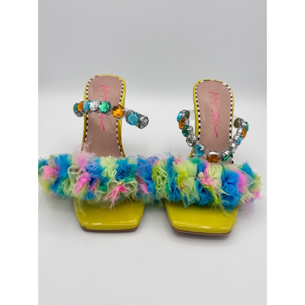 Betsey Johnson Attica Rhinestone Tulle Ruffle Block Heel Sandals Lime Yellow 6.5